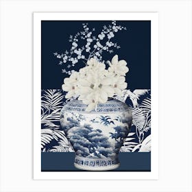 Navy blue and white Chinoiserie Flowers in Vase Art Print