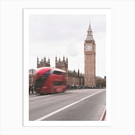 London, England I Big Ben clock tower and a british iconic red bus in motion on Westminster Bridge under an aesthetic autumn moody cloudy grey sky on the road and geometric london brick architecture photography Poster