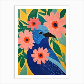 Blue Bird With Pink Flowers Art Print