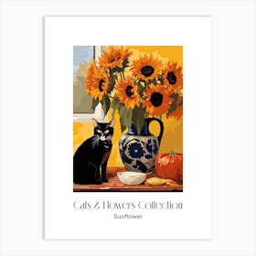 Cats & Flowers Collection Sunflower Flower Vase And A Cat, A Painting In The Style Of Matisse 2 Art Print