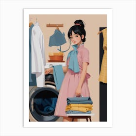 Asian Girl In The Laundry Room Art Print