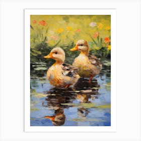 Ducklings & The Flowers Impressionism Style Art Print