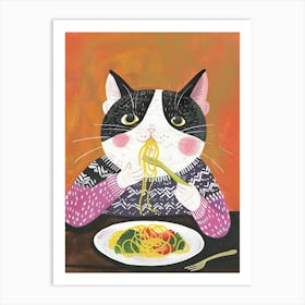 Black And White Cat Eating Pizza Folk Illustration 4 Art Print