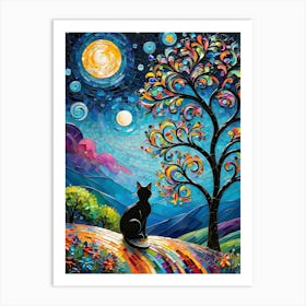 Soon the Eclipse! Beautiful Rainbow Mosiac of Whimsical Black Cat Watching the Sun and Moon Whimsy Kitty Art for Cat Lover, Cat Lady, Chakra Pride Pagan Witch Tarot Astrology Colorful HD Art Print