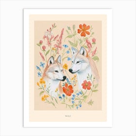 Folksy Floral Animal Drawing Wolf Poster Art Print