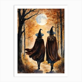 Best Friend Autumn Witches Watching the Full Moon ~ Witchy Watercolor Art by Lyra the Lavender Witch Art Print