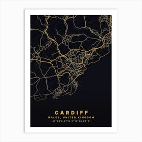 Cardiff Wales Black And Gold Map Art Print