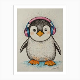 Penguin With Headphones 4 Art Print