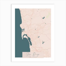 San Diego California Pink and Blue Cute Script Street Map 1 Art Print