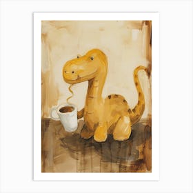 Mustard Dinosaur Drinking Coffee 1 Art Print