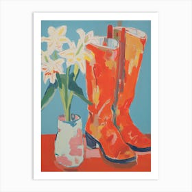 Painting Of White Flowers And Cowboy Boots, Oil Style 7 Art Print