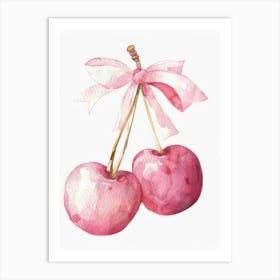 Cherries And Bow Painting Trendy Retro Watercolour Coquette Kitchen Art Print