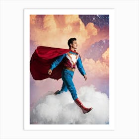 1980s Style Superhero Clad In Vintage Pilot Attire Soaring Above Cloud Banks Cotton White Cumulo (3) Art Print