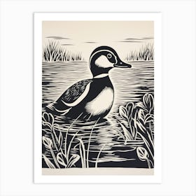 B&W Bird Linocut Bufflehead 2 Art Print