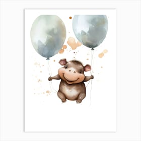 Baby Hippopotamus Flying With Ballons, Watercolour Nursery Art 2 Art Print