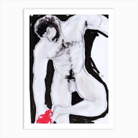 Naked Bather - adult mature male nude gay art homoerotic erotic ful lfronal black and white vertical bedroom bathroom Art Print