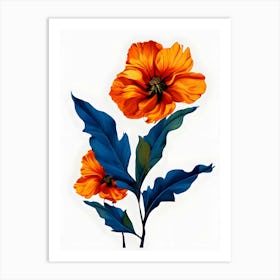 Surreal Beauty: Two Vibrant Orange Flowers with Striking Blue Foliage   Art Print