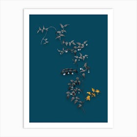 Vintage Bridal Creeper Black and White Gold Leaf Floral Art on Teal Blue n.0827 Art Print
