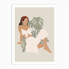 Faceless Brunette Woman Portrait | Boho Mid Century Modern Monstera Leaf Art Print