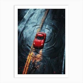 Red Car In The Rain Art Print