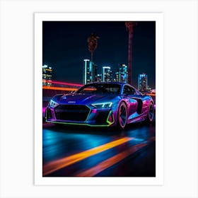 Neon Audi R8, a supercar at night. Cyberpunk design, speed, and racing essence in a futuristic automotive scene. Art Print