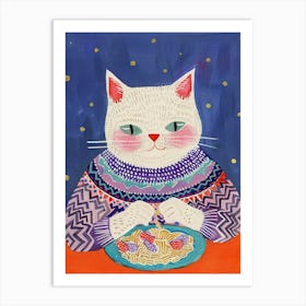 Cosy Cat Pasta Lover Folk Illustration 4 Art Print