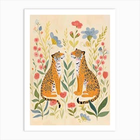 Folksy Floral Animal Drawing Cheetah 3 Art Print