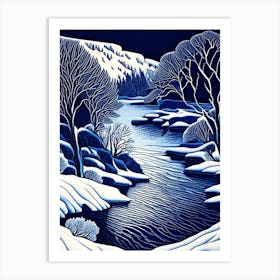Frozen Landscapes With Icy Water Formations Waterscape Linocut 2 Art Print
