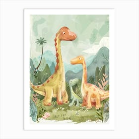 Dinosaur Family In The Meadow Storybook Style Painting Art Print