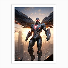 Battle Worn Cyborg Superhero Steel Wings Unfurled And Catching Fragments Of Light War Torn Citysca Art Print