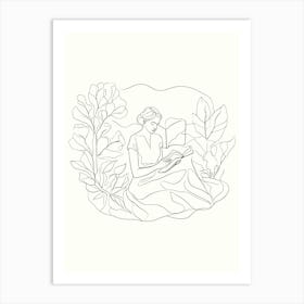 Woman Reading A Book Hand Drawing Line Art Art Print