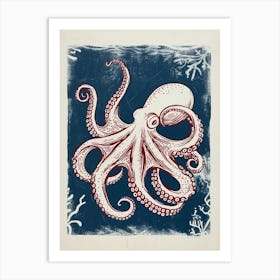 Octopus In Ocean Blue Linocut Background 5 Art Print