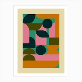 Vintage Geometric Shapes In Pink Terracotta And Navy Blue Art Print