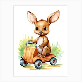 Baby Kangaroo On Toy Car, Watercolour Nursery 2 Art Print