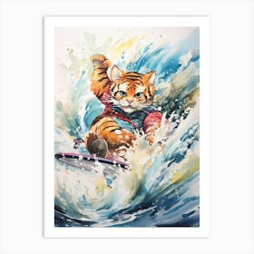 Tiger Illustration Surfing Watercolour 2 Art Print