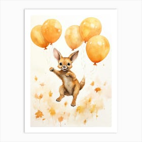 Kangaroo Flying With Autumn Fall Pumpkins And Balloons Watercolour Nursery 2 Art Print