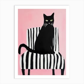 Black Cat On Striped Chair Art Print