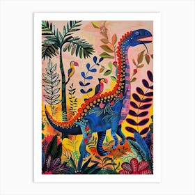 Colourful Blue Dinosaur With Parrots Art Print