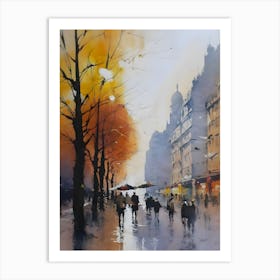 Acquerello urban paesaggio, with great contrasts of warm and freddi colors, Autumn, con grandi contrasti di colori caldi e freddi, Rainy Day Art Print