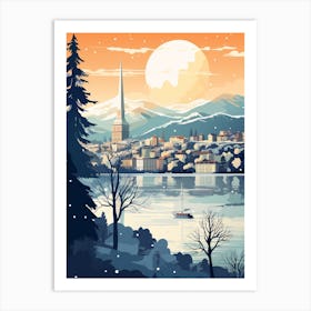 Winter Travel Night Illustration Geneva Switzerland 1 Art Print