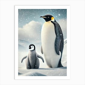 A High Resolution Image Of An Emperor Penguin Standing Next To Its Chick On A Snowy Landscape Art Print