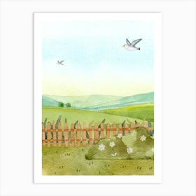 Seagulls Flying Over Fence Watercolor Art Print