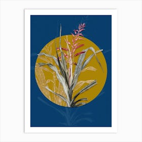 Vintage Botanical Pitcairnia Bromeliaefolia on Circle Yellow on Blue Art Print