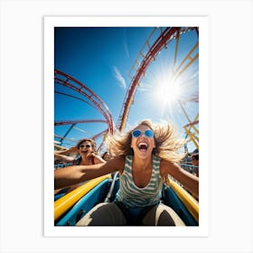 Amusement Park Roller Coaster Ride Captured In The Midst Of A Sunny Day Loose Strands Of Hair Caugh Art Print