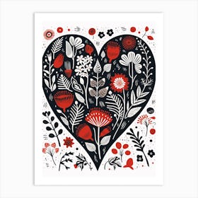 Heart Floral Linocut Style White Background Art Print