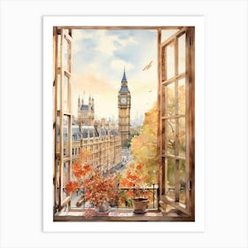 Window View Of London United Kingdom In Autumn Fall, Watercolour 3 Art Print