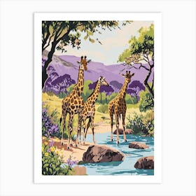 Giraffes In The River Watercolour Inspired 2 Art Print
