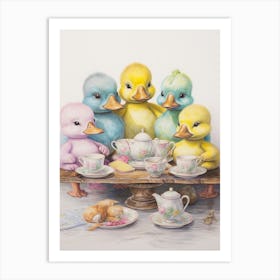 Duckling Tea Party Pencil Illustration 2 Art Print