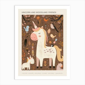 Unicorn In The Meadow With Abstract Woodland Animal Friends Muted Pastel 3 Poster Art Print