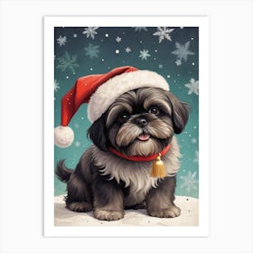 Christmas Shih Tzu Dog Wear Santa Hat (2) Art Print